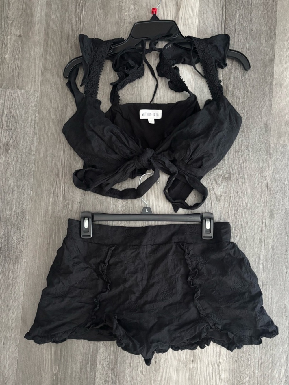 Matching Set-  Textured Tie-Front Crop Top & Ruffle Shorts